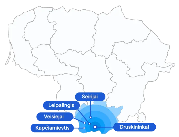 Žemėlapis su lokacijomis kuriose dirba Statybos Meistras - Veiseijai, Leipalingis, Kapčiamiestis, Seirijai, Druskininkai
